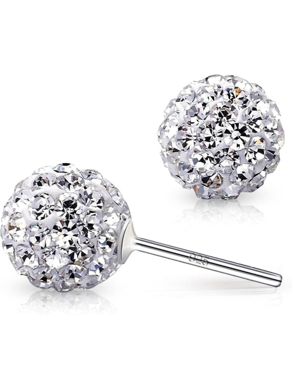 Sterling Silver Dangle Earrings with White Crystals, Disco Ball Style, Gift
